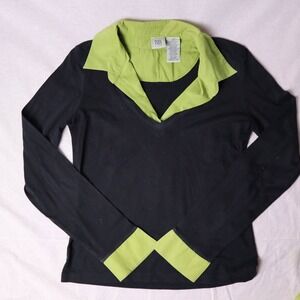 725 Originals Womens Black Lime Green Layered Look Collared Long Sleeve Top L